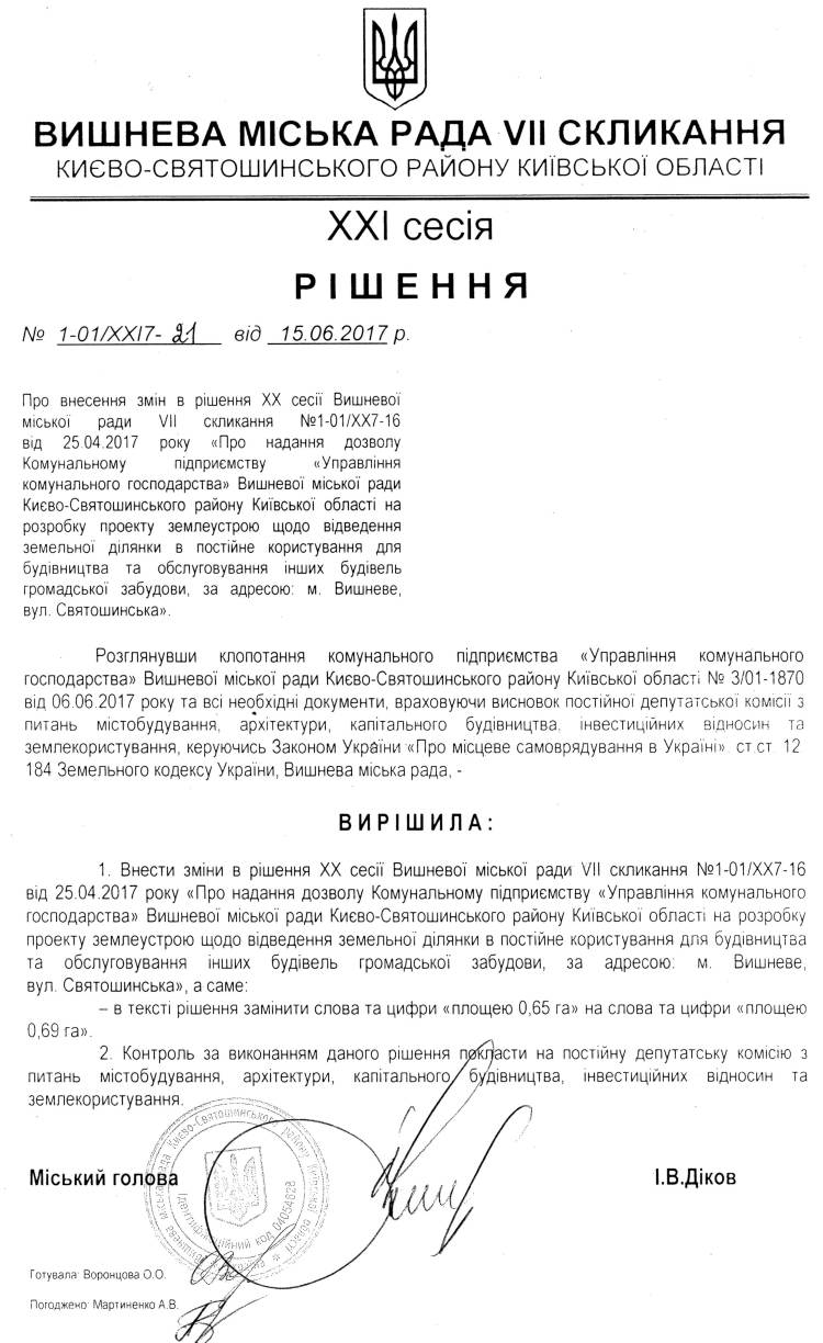 РІШЕННЯ ХХI СЕСІЇ VIІ СКЛИКАННЯ від 15.06.2017 року
